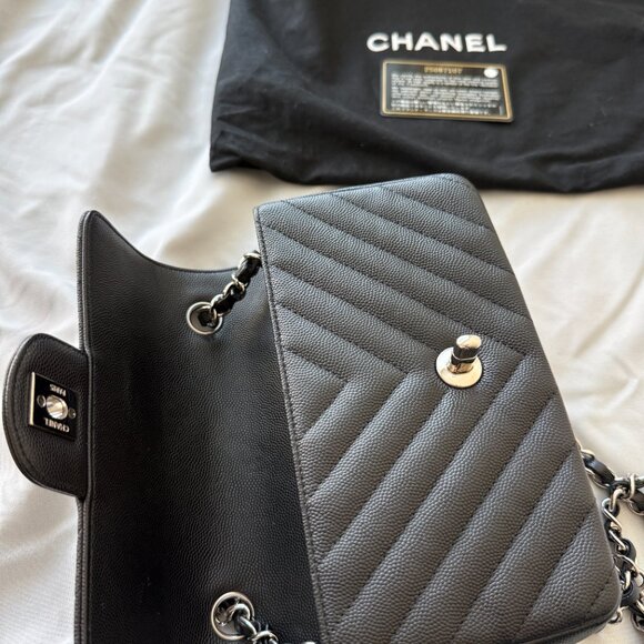 Chanel Black Caviar Chevron Quilted Rectangular Mini Flap Bag Silver - Picture 3 of 16